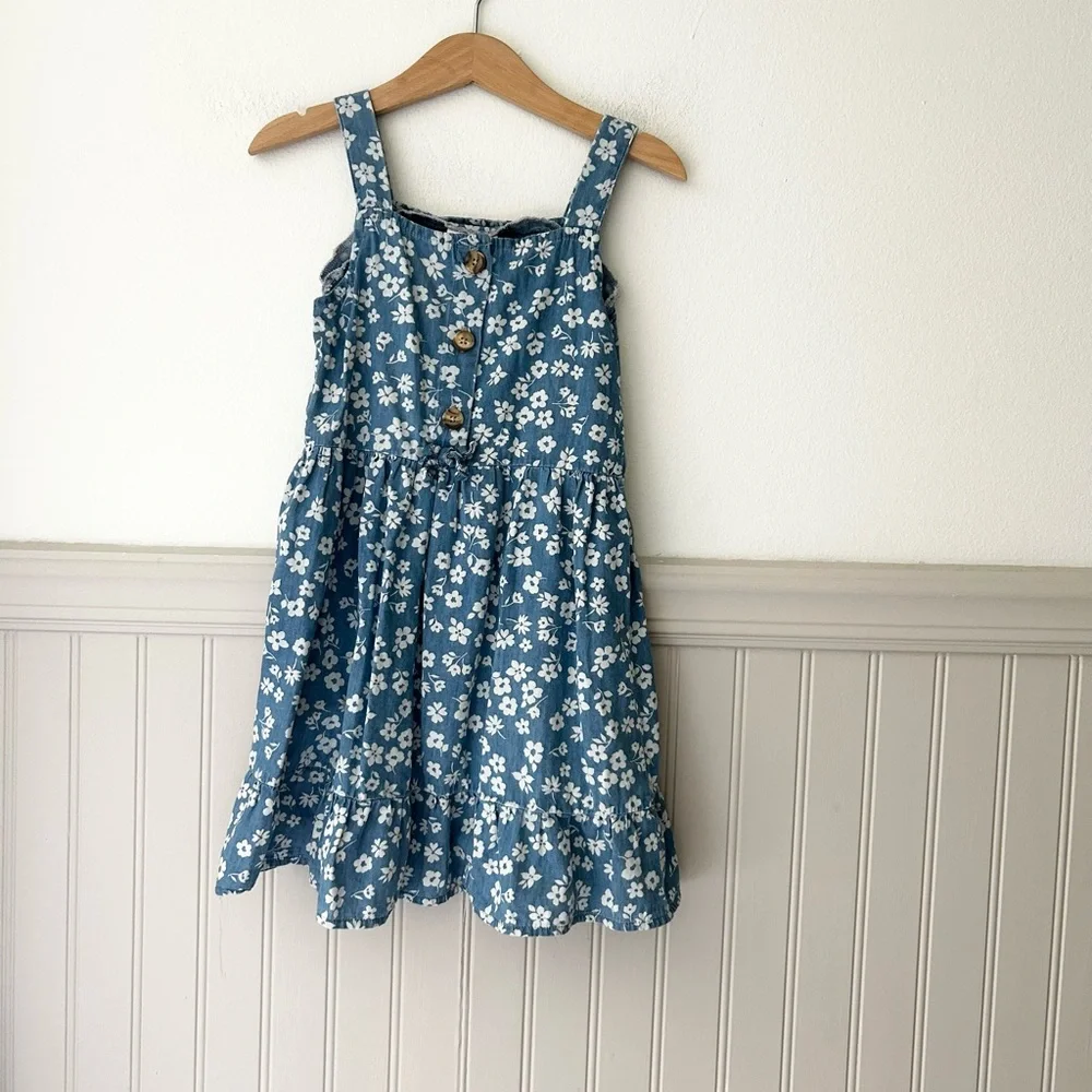Little Lass Girls 5 Blue White Floral Kids Button Cotton Dress
